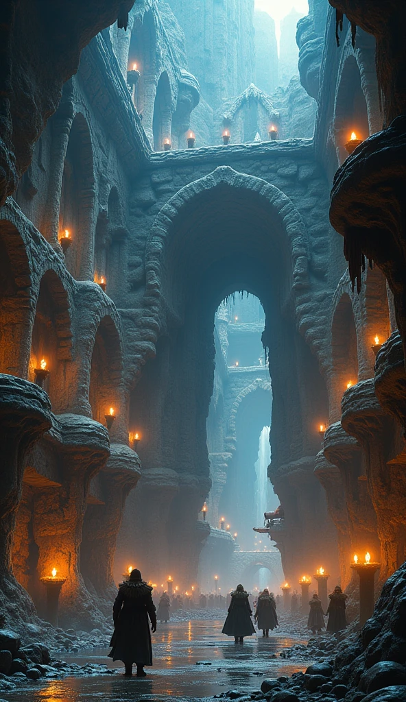 a massive underground kingdom of dwarves, detailed fantasy dwarven architecture, stone bridges and walkways, deep multi-level caverns with great halls, intricate mirror lighting system, cinematic dramatic lighting, (best quality,4k,8k,highres,masterpiece:1.2),ultra-detailed,(realistic,photorealistic,photo-realistic:1.37),detailed stone textures,dsplendid fantasy art,dramatic lighting,moody atmosphere,awe-inspiring scale,incredibly detailed environment,hyper-realistic,award winning cg art,vibrant colors,dynamic composition