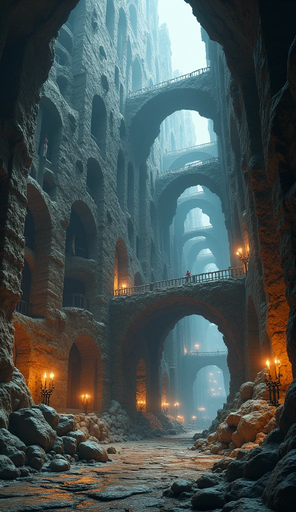 a massive underground kingdom of dwarves, detailed fantasy dwarven architecture, stone bridges and walkways, deep multi-level caverns with great halls, intricate mirror lighting system, cinematic dramatic lighting, (best quality,4k,8k,highres,masterpiece:1.2),ultra-detailed,(realistic,photorealistic,photo-realistic:1.37),detailed stone textures,dsplendid fantasy art,dramatic lighting,moody atmosphere,awe-inspiring scale,incredibly detailed environment,hyper-realistic,award winning cg art,vibrant colors,dynamic composition