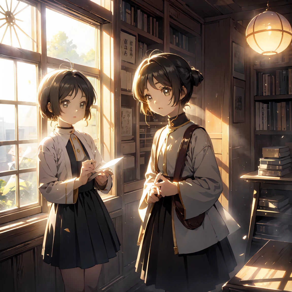 Atmospheric Perspective, lens flare、OLD BOOKSTORE 、 ANOTHER VIEW OF THE WORLD 、本を探しているgirl、 Otherworldly Outfits 、Clear、 Black Hair 、cute、 Light Shines Through a Window 、 Dust Shines Like Streaks of Light.、Light production、  Nostalgic Atmosphere  、１people々 girl、close