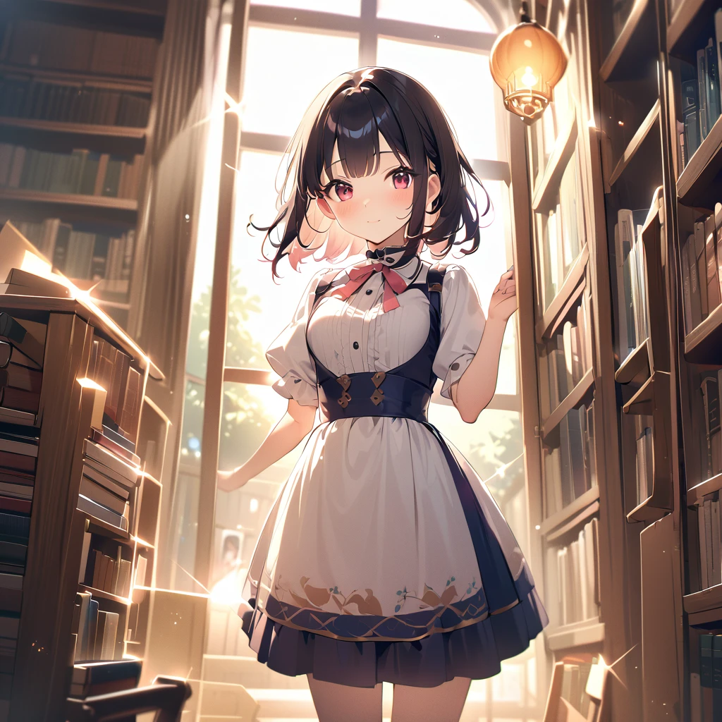 Atmospheric Perspective, lens flare、OLD BOOKSTORE 、 ANOTHER VIEW OF THE WORLD 、本を探しているgirl、 Otherworldly Outfits 、Clear、 Black Hair 、cute、 Light Shines Through a Window 、 Dust Shines Like Streaks of Light.、Light production、  Nostalgic Atmosphere  、１people々 girl、close