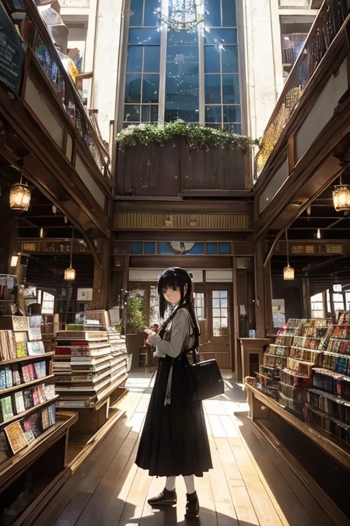 Atmospheric Perspective, lens flare、OLD BOOKSTORE 、 ANOTHER VIEW OF THE WORLD 、本を探しているgirl、 Otherworldly Outfits 、Clear、 Black Hair 、cute、 Light Shines Through a Window 、 Dust Shines Like Streaks of Light.、Light production、  Nostalgic Atmosphere  、１people々 girl、close