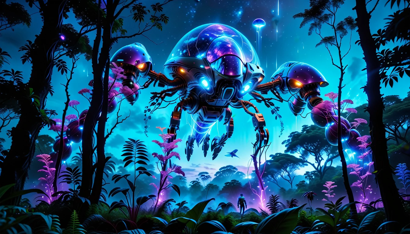 A Masterpiece In 32K Resolution, Supreme Quality, Super Detail, Official Art, Very High-Resolution 32K Wallpaper, Beautiful And Aesthetic, Ultra-Detailed Features, Awe-Inspiring Detail. Towering Bioluminescent Trees Stretch Into A Purple Sky, Their Branches Pulsing With Electric Blue Light. Strange Alien Creatures Crawl Through The Underbrush, Their Eyes Glowing With Intelligence. A Crashed Spaceship Lies Half-Buried In The Jungle, Its Lights Flickering. Giant Floating Beasts Drift Through The Air, Their Silhouettes Blending With The Exotic Landscape.