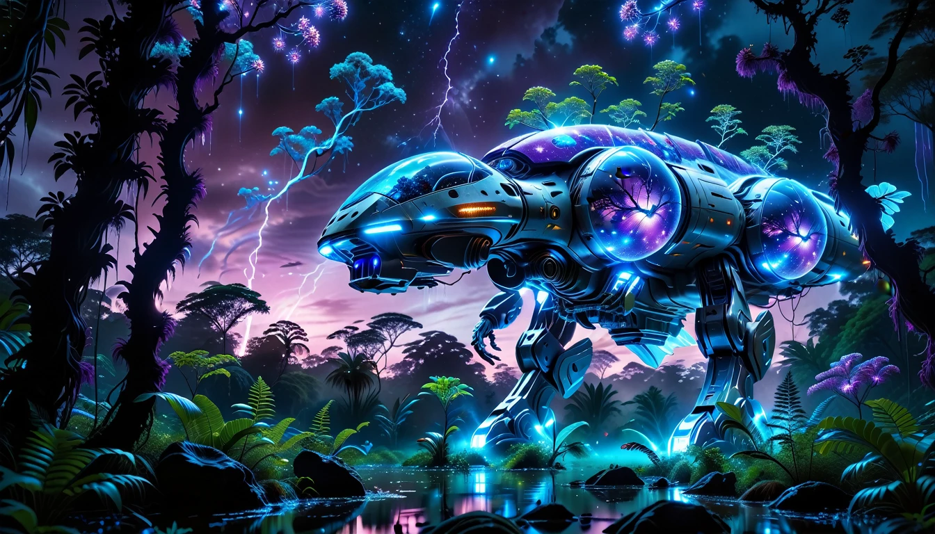 A Masterpiece In 32K Resolution, Supreme Quality, Super Detail, Official Art, Very High-Resolution 32K Wallpaper, Beautiful And Aesthetic, Ultra-Detailed Features, Awe-Inspiring Detail. Towering Bioluminescent Trees Stretch Into A Purple Sky, Their Branches Pulsing With Electric Blue Light. Strange Alien Creatures Crawl Through The Underbrush, Their Eyes Glowing With Intelligence. A Crashed Spaceship Lies Half-Buried In The Jungle, Its Lights Flickering. Giant Floating Beasts Drift Through The Air, Their Silhouettes Blending With The Exotic Landscape.