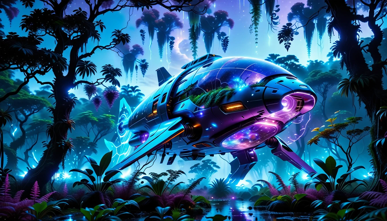 A Masterpiece In 32K Resolution, Supreme Quality, Super Detail, Official Art, Very High-Resolution 32K Wallpaper, Beautiful And Aesthetic, Ultra-Detailed Features, Awe-Inspiring Detail. Towering Bioluminescent Trees Stretch Into A Purple Sky, Their Branches Pulsing With Electric Blue Light. Strange Alien Creatures Crawl Through The Underbrush, Their Eyes Glowing With Intelligence. A Crashed Spaceship Lies Half-Buried In The Jungle, Its Lights Flickering. Giant Floating Beasts Drift Through The Air, Their Silhouettes Blending With The Exotic Landscape.