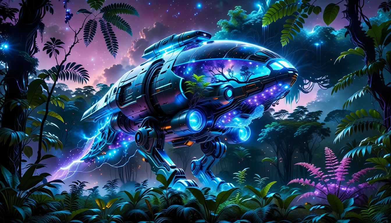 A Masterpiece In 32K Resolution, Supreme Quality, Super Detail, Official Art, Very High-Resolution 32K Wallpaper, Beautiful And Aesthetic, Ultra-Detailed Features, Awe-Inspiring Detail. Towering Bioluminescent Trees Stretch Into A Purple Sky, Their Branches Pulsing With Electric Blue Light. Strange Alien Creatures Crawl Through The Underbrush, Their Eyes Glowing With Intelligence. A Crashed Spaceship Lies Half-Buried In The Jungle, Its Lights Flickering. Giant Floating Beasts Drift Through The Air, Their Silhouettes Blending With The Exotic Landscape.