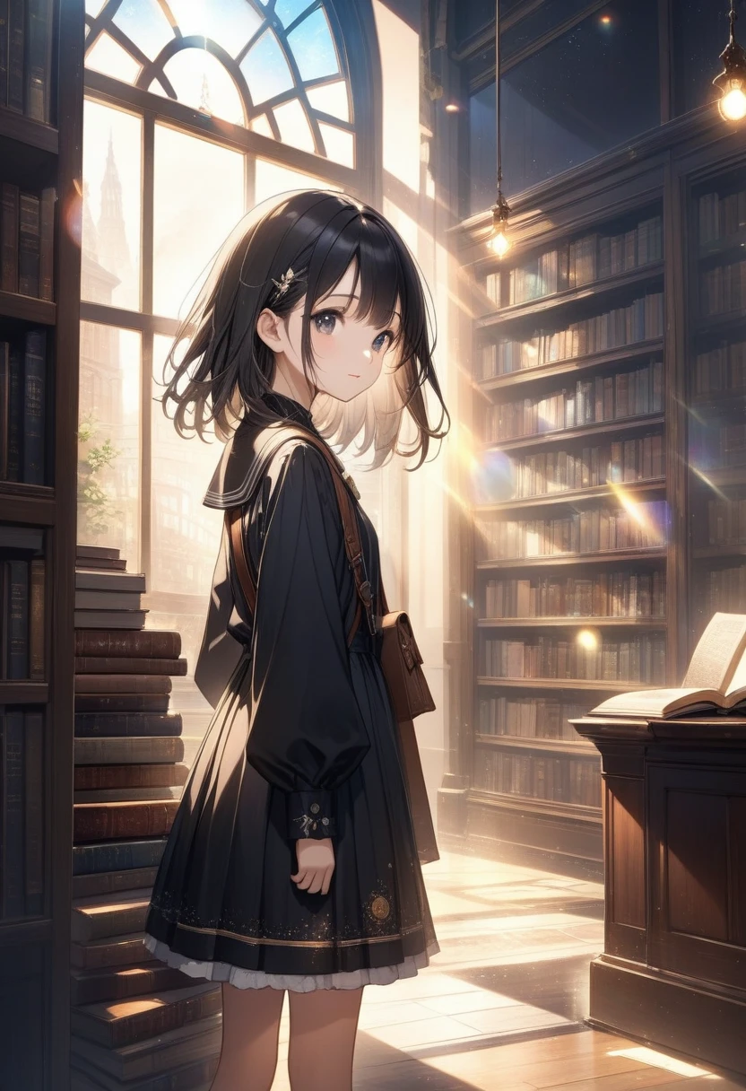 Atmospheric Perspective, lens flare、OLD BOOKSTORE 、 ANOTHER VIEW OF THE WORLD 、本を探しているgirl、 Otherworldly Outfits 、Clear、 Black Hair 、cute、 Light Shines Through a Window 、 Dust Shines Like Streaks of Light.、Light production、  Nostalgic Atmosphere  、１people々 girl、close