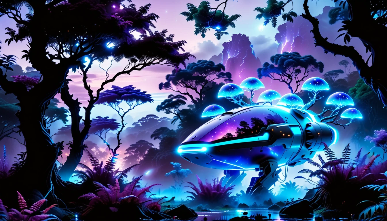 A Masterpiece In 32K Resolution, Supreme Quality, Super Detail, Official Art, Very High-Resolution 32K Wallpaper, Beautiful And Aesthetic, Ultra-Detailed Features, Awe-Inspiring Detail. Towering Bioluminescent Trees Stretch Into A Purple Sky, Their Branches Pulsing With Electric Blue Light. Strange Alien Creatures Crawl Through The Underbrush, Their Eyes Glowing With Intelligence. A Crashed Spaceship Lies Half-Buried In The Jungle, Its Lights Flickering. Giant Floating Beasts Drift Through The Air, Their Silhouettes Blending With The Exotic Landscape.