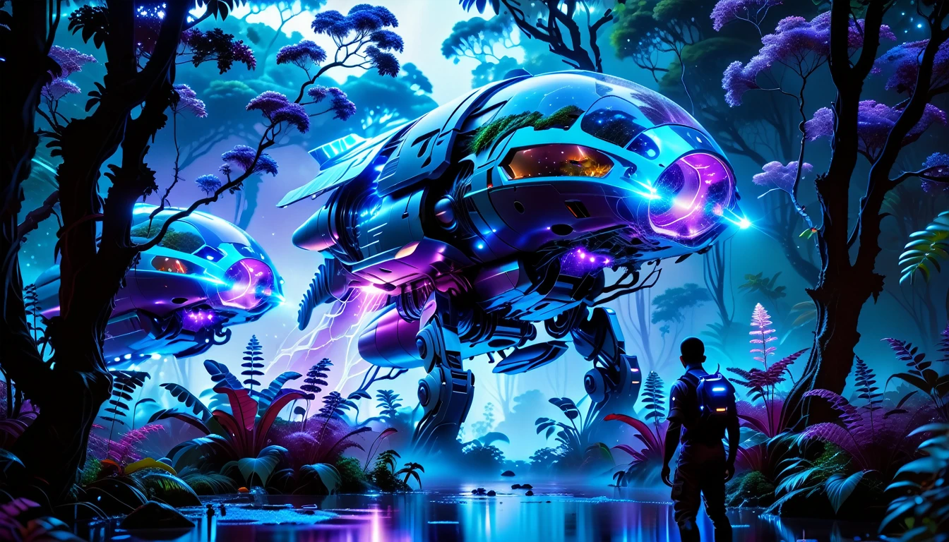 A Masterpiece In 32K Resolution, Supreme Quality, Super Detail, Official Art, Very High-Resolution 32K Wallpaper, Beautiful And Aesthetic, Ultra-Detailed Features, Awe-Inspiring Detail. Towering Bioluminescent Trees Stretch Into A Purple Sky, Their Branches Pulsing With Electric Blue Light. Strange Alien Creatures Crawl Through The Underbrush, Their Eyes Glowing With Intelligence. A Crashed Spaceship Lies Half-Buried In The Jungle, Its Lights Flickering. Giant Floating Beasts Drift Through The Air, Their Silhouettes Blending With The Exotic Landscape.