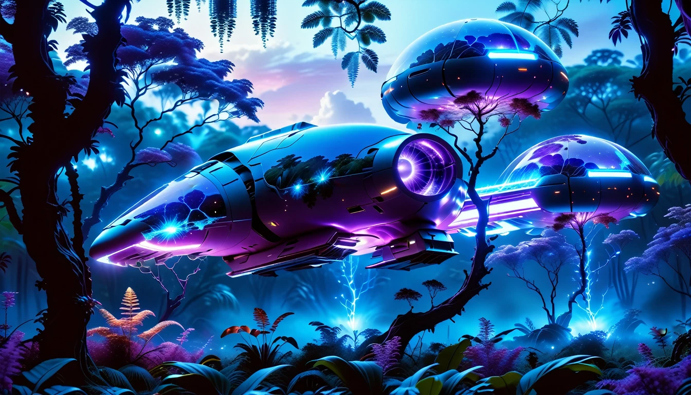 A Masterpiece In 32K Resolution, Supreme Quality, Super Detail, Official Art, Very High-Resolution 32K Wallpaper, Beautiful And Aesthetic, Ultra-Detailed Features, Awe-Inspiring Detail. Towering Bioluminescent Trees Stretch Into A Purple Sky, Their Branches Pulsing With Electric Blue Light. Strange Alien Creatures Crawl Through The Underbrush, Their Eyes Glowing With Intelligence. A Crashed Spaceship Lies Half-Buried In The Jungle, Its Lights Flickering. Giant Floating Beasts Drift Through The Air, Their Silhouettes Blending With The Exotic Landscape.