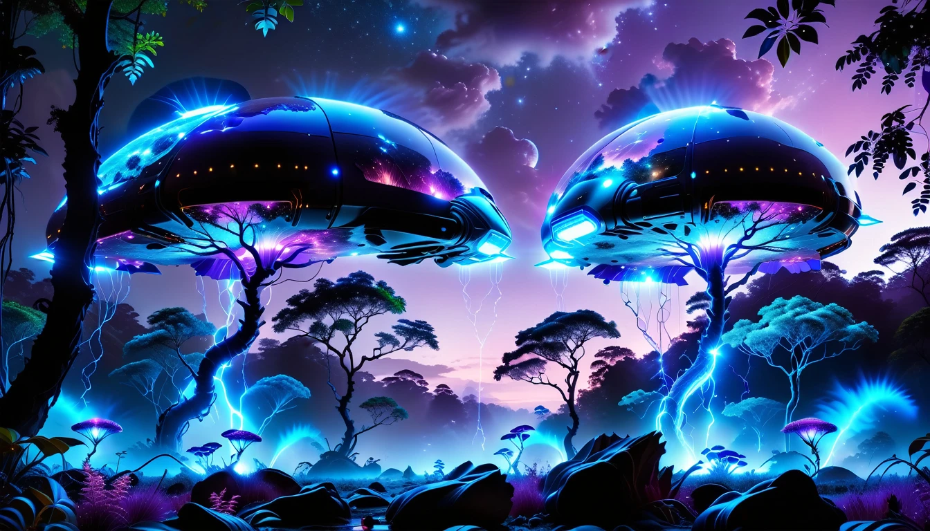 A Masterpiece In 32K Resolution, Supreme Quality, Super Detail, Official Art, Very High-Resolution 32K Wallpaper, Beautiful And Aesthetic, Ultra-Detailed Features, Awe-Inspiring Detail. Towering Bioluminescent Trees Stretch Into A Purple Sky, Their Branches Pulsing With Electric Blue Light. Strange Alien Creatures Crawl Through The Underbrush, Their Eyes Glowing With Intelligence. A Crashed Spaceship Lies Half-Buried In The Jungle, Its Lights Flickering. Giant Floating Beasts Drift Through The Air, Their Silhouettes Blending With The Exotic Landscape.