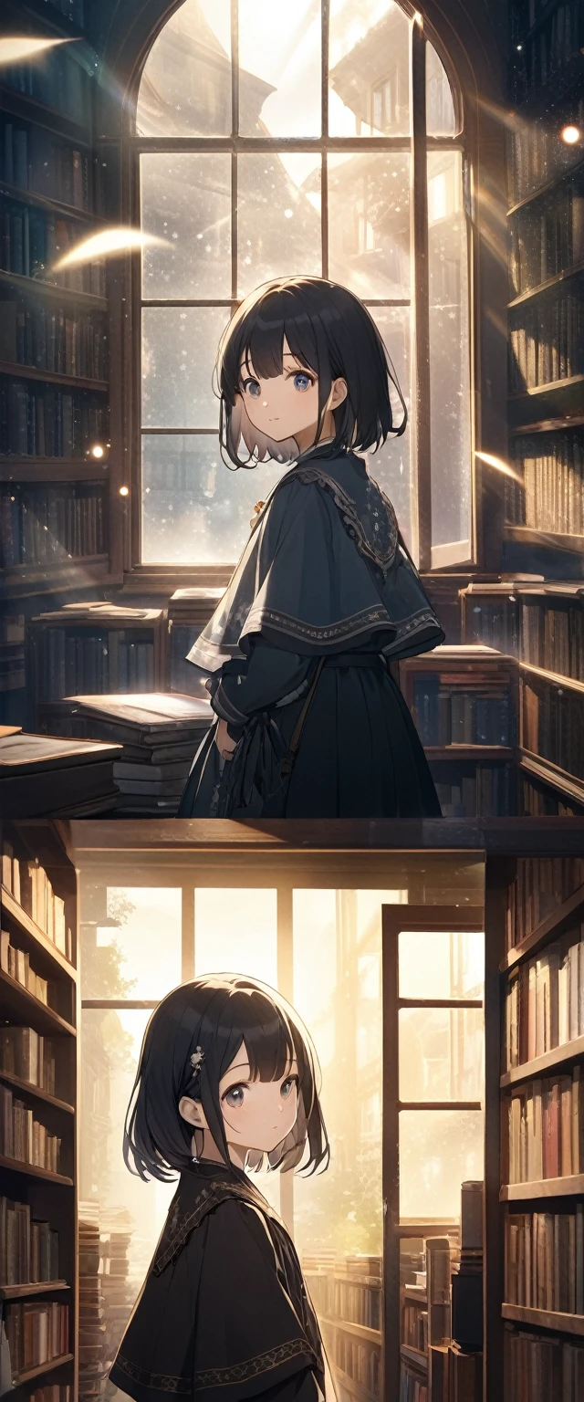 Atmospheric Perspective, lens flare、OLD BOOKSTORE 、 ANOTHER VIEW OF THE WORLD 、本を探しているgirl、 Otherworldly Outfits 、Clear、 Black Hair 、cute、 Light Shines Through a Window 、 Dust Shines Like Streaks of Light.、Light production、  Nostalgic Atmosphere  、１people々 girl、close