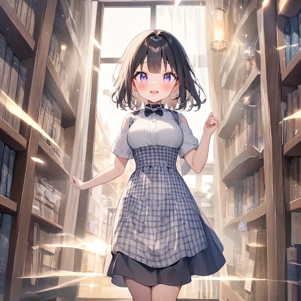 Atmospheric Perspective, lens flare、OLD BOOKSTORE 、 ANOTHER VIEW OF THE WORLD 、本を探しているgirl、 Otherworldly Outfits 、Clear、 Black Hair 、cute、 Light Shines Through a Window 、 Dust Shines Like Streaks of Light.、Light production、  Nostalgic Atmosphere  、１people々 girl、close