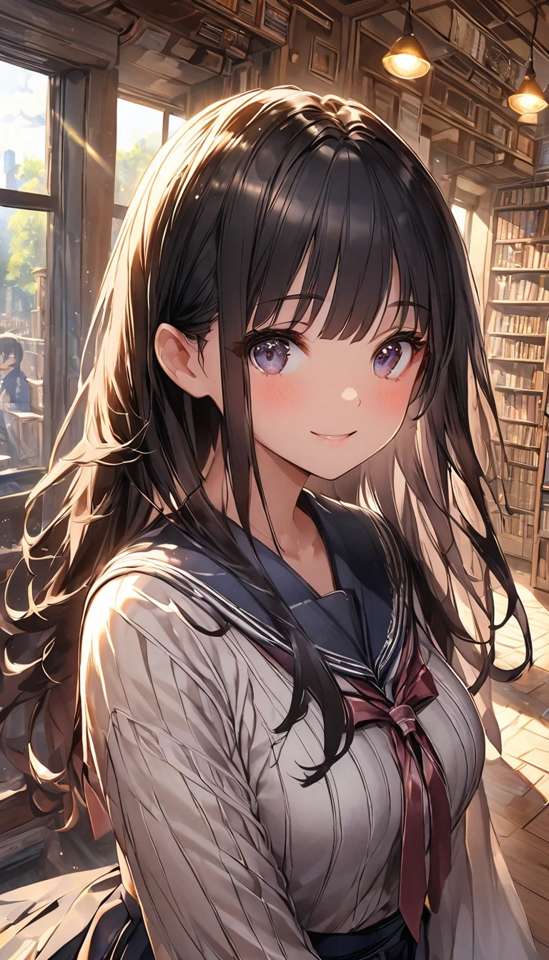 Atmospheric Perspective, lens flare、OLD BOOKSTORE 、 ANOTHER VIEW OF THE WORLD 、本を探しているgirl、 Otherworldly Outfits 、Clear、 Black Hair 、cute、 Light Shines Through a Window 、 Dust Shines Like Streaks of Light.、Light production、  Nostalgic Atmosphere  、１people々 girl、close