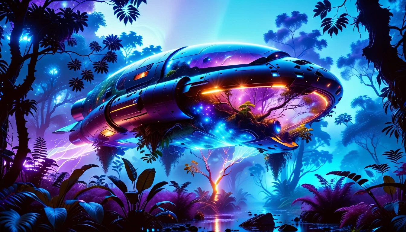 A Masterpiece In 32K Resolution, Supreme Quality, Super Detail, Official Art, Very High-Resolution 32K Wallpaper, Beautiful And Aesthetic, Ultra-Detailed Features, Awe-Inspiring Detail. Towering Bioluminescent Trees Stretch Into A Purple Sky, Their Branches Pulsing With Electric Blue Light. Strange Alien Creatures Crawl Through The Underbrush, Their Eyes Glowing With Intelligence. A Crashed Spaceship Lies Half-Buried In The Jungle, Its Lights Flickering. Giant Floating Beasts Drift Through The Air, Their Silhouettes Blending With The Exotic Landscape.