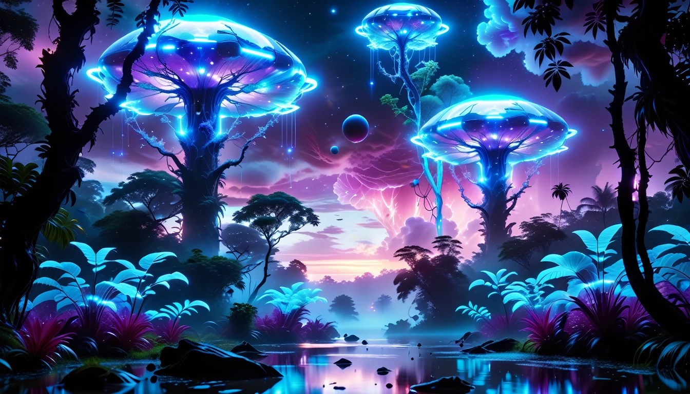 A Masterpiece In 32K Resolution, Supreme Quality, Super Detail, Official Art, Very High-Resolution 32K Wallpaper, Beautiful And Aesthetic, Ultra-Detailed Features, Awe-Inspiring Detail. Towering Bioluminescent Trees Stretch Into A Purple Sky, Their Branches Pulsing With Electric Blue Light. Strange Alien Creatures Crawl Through The Underbrush, Their Eyes Glowing With Intelligence. A Crashed Spaceship Lies Half-Buried In The Jungle, Its Lights Flickering. Giant Floating Beasts Drift Through The Air, Their Silhouettes Blending With The Exotic Landscape.