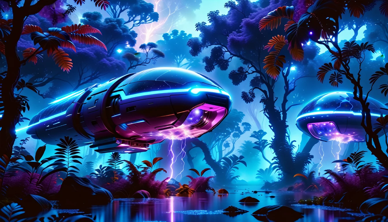 A Masterpiece In 32K Resolution, Supreme Quality, Super Detail, Official Art, Very High-Resolution 32K Wallpaper, Beautiful And Aesthetic, Ultra-Detailed Features, Awe-Inspiring Detail. Towering Bioluminescent Trees Stretch Into A Purple Sky, Their Branches Pulsing With Electric Blue Light. Strange Alien Creatures Crawl Through The Underbrush, Their Eyes Glowing With Intelligence. A Crashed Spaceship Lies Half-Buried In The Jungle, Its Lights Flickering. Giant Floating Beasts Drift Through The Air, Their Silhouettes Blending With The Exotic Landscape.