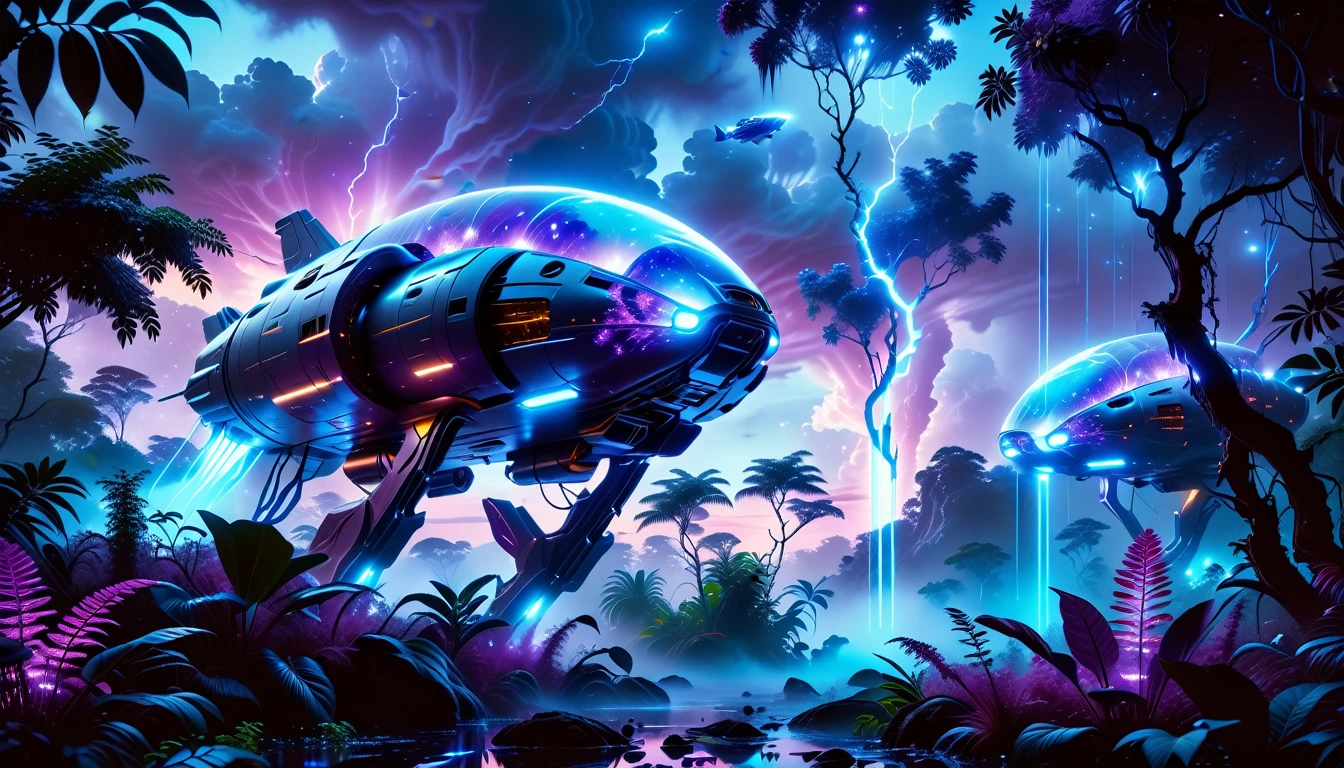 A Masterpiece In 32K Resolution, Supreme Quality, Super Detail, Official Art, Very High-Resolution 32K Wallpaper, Beautiful And Aesthetic, Ultra-Detailed Features, Awe-Inspiring Detail. Towering Bioluminescent Trees Stretch Into A Purple Sky, Their Branches Pulsing With Electric Blue Light. Strange Alien Creatures Crawl Through The Underbrush, Their Eyes Glowing With Intelligence. A Crashed Spaceship Lies Half-Buried In The Jungle, Its Lights Flickering. Giant Floating Beasts Drift Through The Air, Their Silhouettes Blending With The Exotic Landscape.