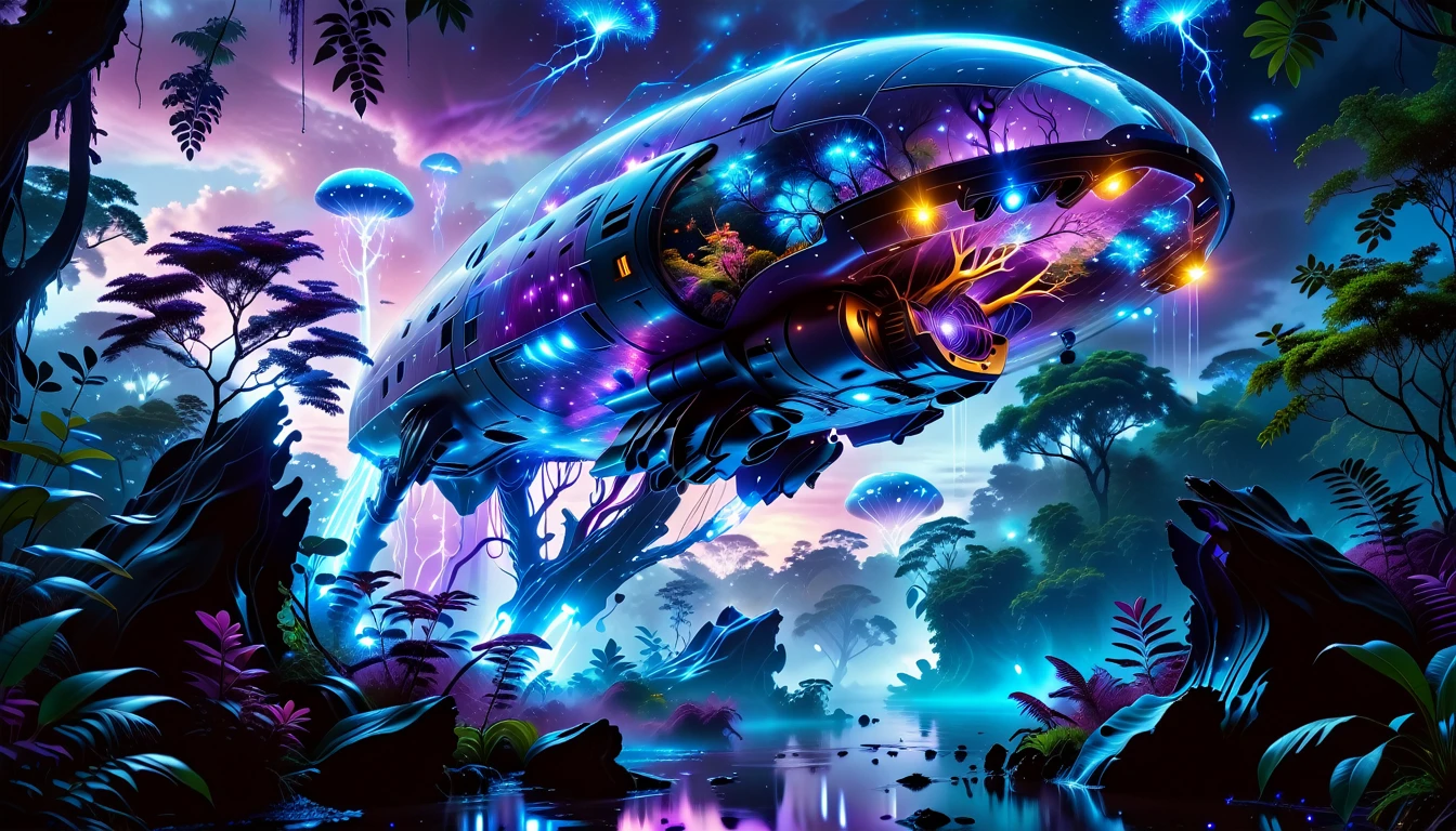 A Masterpiece In 32K Resolution, Supreme Quality, Super Detail, Official Art, Very High-Resolution 32K Wallpaper, Beautiful And Aesthetic, Ultra-Detailed Features, Awe-Inspiring Detail. Towering Bioluminescent Trees Stretch Into A Purple Sky, Their Branches Pulsing With Electric Blue Light. Strange Alien Creatures Crawl Through The Underbrush, Their Eyes Glowing With Intelligence. A Crashed Spaceship Lies Half-Buried In The Jungle, Its Lights Flickering. Giant Floating Beasts Drift Through The Air, Their Silhouettes Blending With The Exotic Landscape.