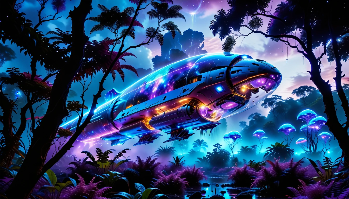 A Masterpiece In 32K Resolution, Supreme Quality, Super Detail, Official Art, Very High-Resolution 32K Wallpaper, Beautiful And Aesthetic, Ultra-Detailed Features, Awe-Inspiring Detail. Towering Bioluminescent Trees Stretch Into A Purple Sky, Their Branches Pulsing With Electric Blue Light. Strange Alien Creatures Crawl Through The Underbrush, Their Eyes Glowing With Intelligence. A Crashed Spaceship Lies Half-Buried In The Jungle, Its Lights Flickering. Giant Floating Beasts Drift Through The Air, Their Silhouettes Blending With The Exotic Landscape.