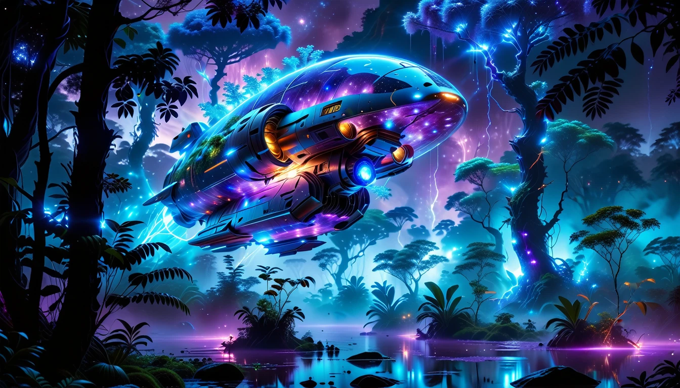 A Masterpiece In 32K Resolution, Supreme Quality, Super Detail, Official Art, Very High-Resolution 32K Wallpaper, Beautiful And Aesthetic, Ultra-Detailed Features, Awe-Inspiring Detail. Towering Bioluminescent Trees Stretch Into A Purple Sky, Their Branches Pulsing With Electric Blue Light. Strange Alien Creatures Crawl Through The Underbrush, Their Eyes Glowing With Intelligence. A Crashed Spaceship Lies Half-Buried In The Jungle, Its Lights Flickering. Giant Floating Beasts Drift Through The Air, Their Silhouettes Blending With The Exotic Landscape.