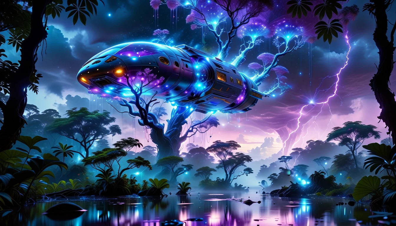 A Masterpiece In 32K Resolution, Supreme Quality, Super Detail, Official Art, Very High-Resolution 32K Wallpaper, Beautiful And Aesthetic, Ultra-Detailed Features, Awe-Inspiring Detail. Towering Bioluminescent Trees Stretch Into A Purple Sky, Their Branches Pulsing With Electric Blue Light. Strange Alien Creatures Crawl Through The Underbrush, Their Eyes Glowing With Intelligence. A Crashed Spaceship Lies Half-Buried In The Jungle, Its Lights Flickering. Giant Floating Beasts Drift Through The Air, Their Silhouettes Blending With The Exotic Landscape.