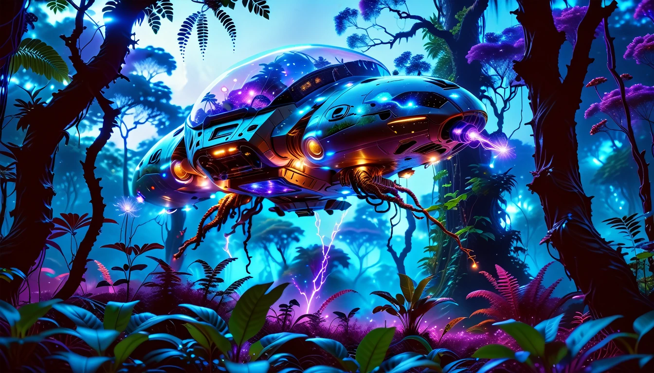 A Masterpiece In 32K Resolution, Supreme Quality, Super Detail, Official Art, Very High-Resolution 32K Wallpaper, Beautiful And Aesthetic, Ultra-Detailed Features, Awe-Inspiring Detail. Towering Bioluminescent Trees Stretch Into A Purple Sky, Their Branches Pulsing With Electric Blue Light. Strange Alien Creatures Crawl Through The Underbrush, Their Eyes Glowing With Intelligence. A Crashed Spaceship Lies Half-Buried In The Jungle, Its Lights Flickering. Giant Floating Beasts Drift Through The Air, Their Silhouettes Blending With The Exotic Landscape.