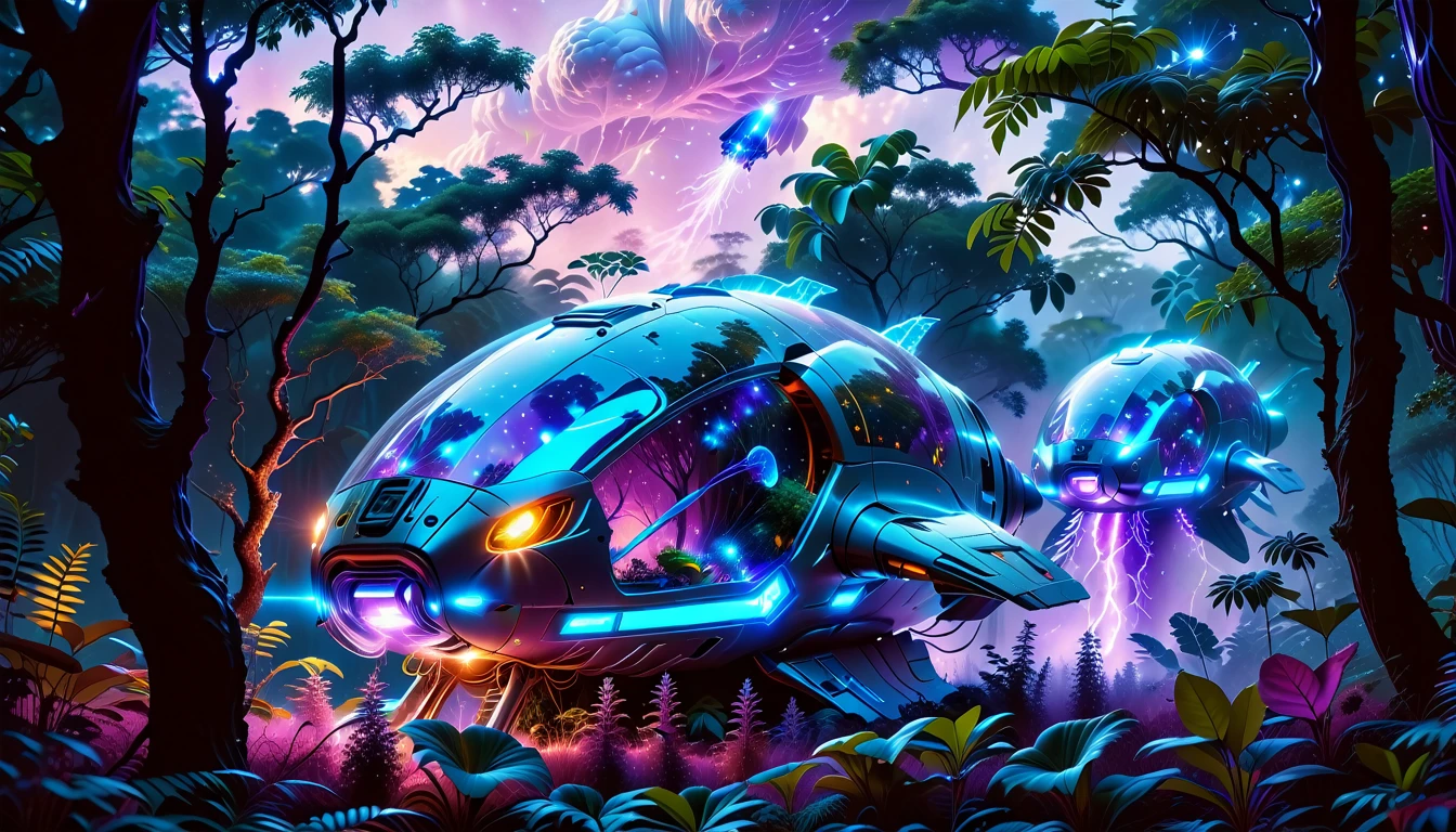 A Masterpiece In 32K Resolution, Supreme Quality, Super Detail, Official Art, Very High-Resolution 32K Wallpaper, Beautiful And Aesthetic, Ultra-Detailed Features, Awe-Inspiring Detail. Towering Bioluminescent Trees Stretch Into A Purple Sky, Their Branches Pulsing With Electric Blue Light. Strange Alien Creatures Crawl Through The Underbrush, Their Eyes Glowing With Intelligence. A Crashed Spaceship Lies Half-Buried In The Jungle, Its Lights Flickering. Giant Floating Beasts Drift Through The Air, Their Silhouettes Blending With The Exotic Landscape.