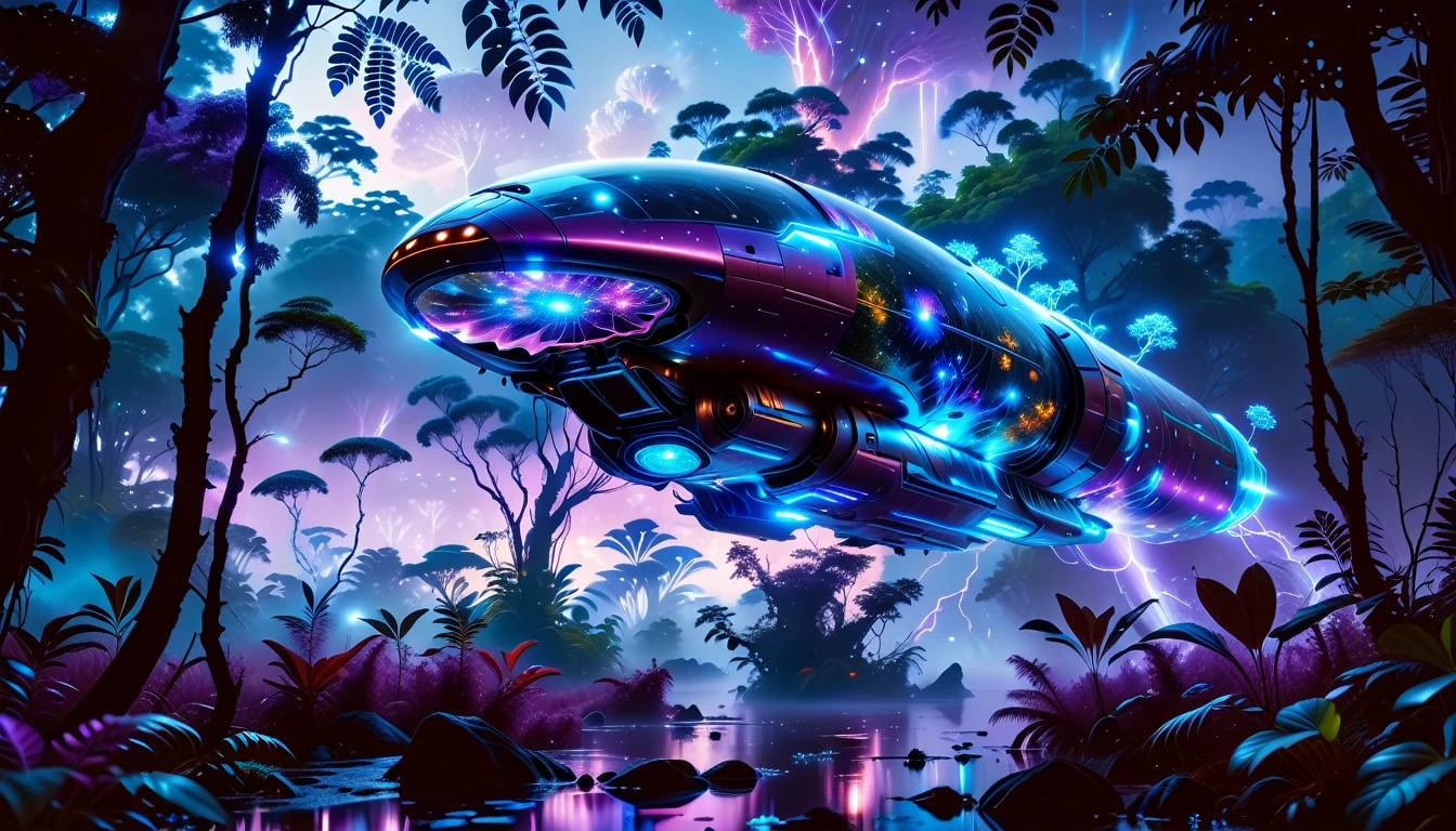 A Masterpiece In 32K Resolution, Supreme Quality, Super Detail, Official Art, Very High-Resolution 32K Wallpaper, Beautiful And Aesthetic, Ultra-Detailed Features, Awe-Inspiring Detail. Towering Bioluminescent Trees Stretch Into A Purple Sky, Their Branches Pulsing With Electric Blue Light. Strange Alien Creatures Crawl Through The Underbrush, Their Eyes Glowing With Intelligence. A Crashed Spaceship Lies Half-Buried In The Jungle, Its Lights Flickering. Giant Floating Beasts Drift Through The Air, Their Silhouettes Blending With The Exotic Landscape.