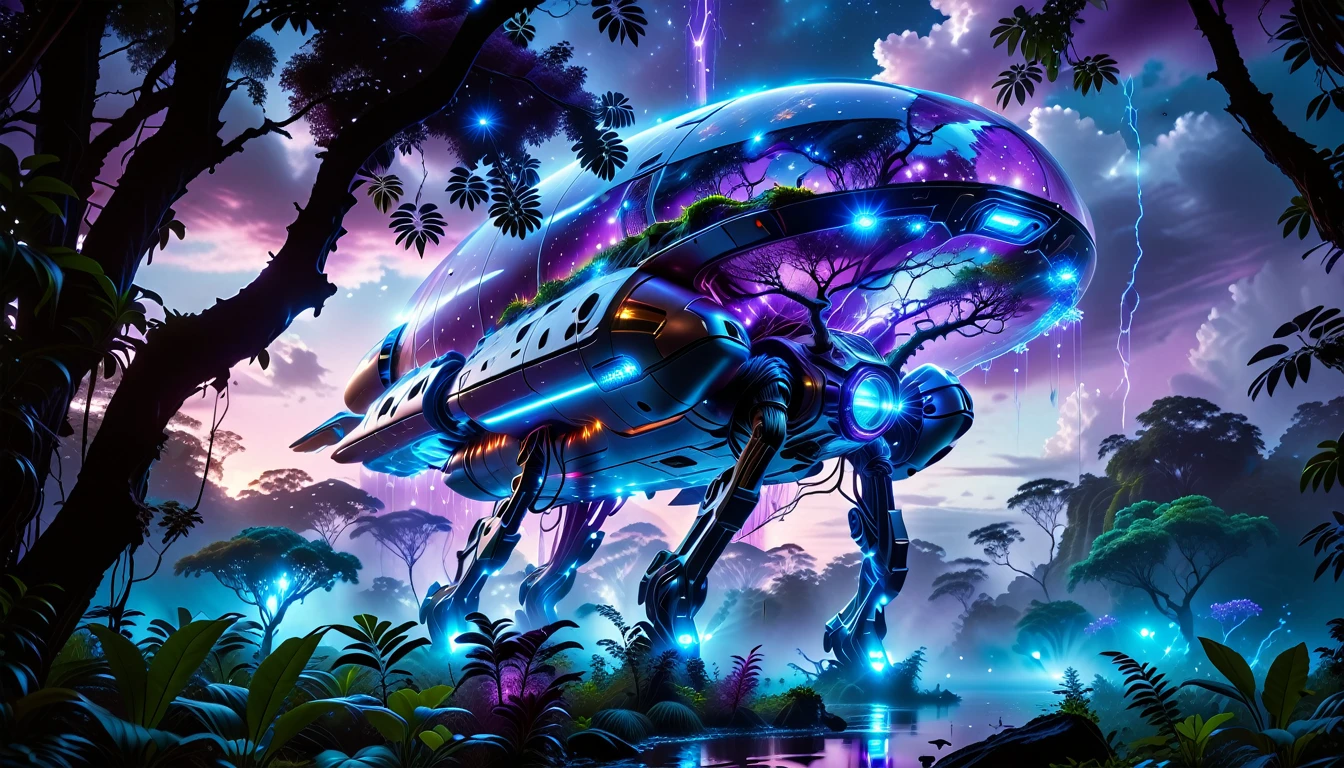 A Masterpiece In 32K Resolution, Supreme Quality, Super Detail, Official Art, Very High-Resolution 32K Wallpaper, Beautiful And Aesthetic, Ultra-Detailed Features, Awe-Inspiring Detail. Towering Bioluminescent Trees Stretch Into A Purple Sky, Their Branches Pulsing With Electric Blue Light. Strange Alien Creatures Crawl Through The Underbrush, Their Eyes Glowing With Intelligence. A Crashed Spaceship Lies Half-Buried In The Jungle, Its Lights Flickering. Giant Floating Beasts Drift Through The Air, Their Silhouettes Blending With The Exotic Landscape.