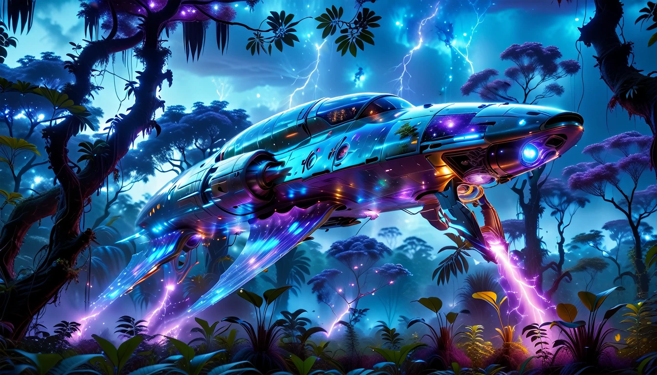 A Masterpiece In 32K Resolution, Supreme Quality, Super Detail, Official Art, Very High-Resolution 32K Wallpaper, Beautiful And Aesthetic, Ultra-Detailed Features, Awe-Inspiring Detail. Towering Bioluminescent Trees Stretch Into A Purple Sky, Their Branches Pulsing With Electric Blue Light. Strange Alien Creatures Crawl Through The Underbrush, Their Eyes Glowing With Intelligence. A Crashed Spaceship Lies Half-Buried In The Jungle, Its Lights Flickering. Giant Floating Beasts Drift Through The Air, Their Silhouettes Blending With The Exotic Landscape.