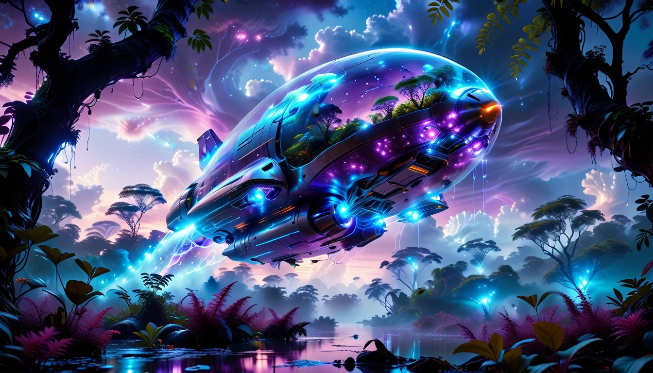 A Masterpiece In 32K Resolution, Supreme Quality, Super Detail, Official Art, Very High-Resolution 32K Wallpaper, Beautiful And Aesthetic, Ultra-Detailed Features, Awe-Inspiring Detail. Towering Bioluminescent Trees Stretch Into A Purple Sky, Their Branches Pulsing With Electric Blue Light. Strange Alien Creatures Crawl Through The Underbrush, Their Eyes Glowing With Intelligence. A Crashed Spaceship Lies Half-Buried In The Jungle, Its Lights Flickering. Giant Floating Beasts Drift Through The Air, Their Silhouettes Blending With The Exotic Landscape.