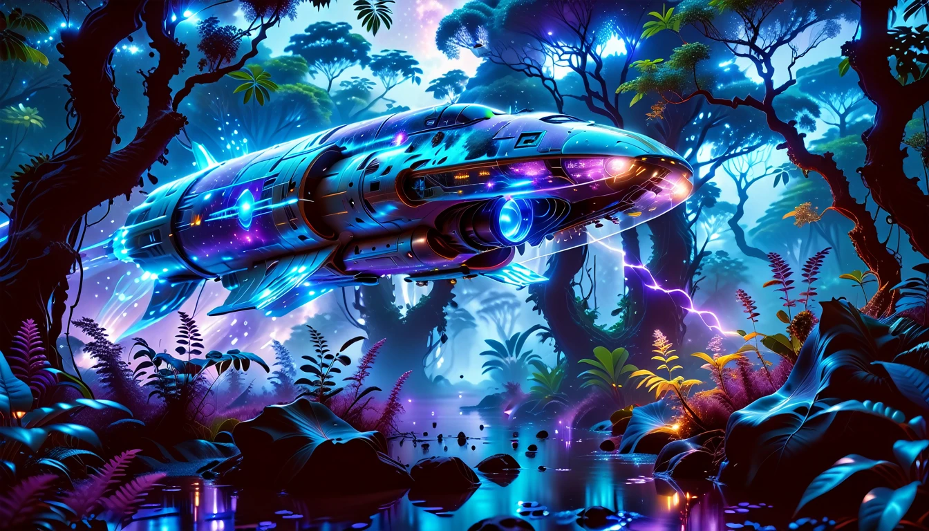 A Masterpiece In 32K Resolution, Supreme Quality, Super Detail, Official Art, Very High-Resolution 32K Wallpaper, Beautiful And Aesthetic, Ultra-Detailed Features, Awe-Inspiring Detail. Towering Bioluminescent Trees Stretch Into A Purple Sky, Their Branches Pulsing With Electric Blue Light. Strange Alien Creatures Crawl Through The Underbrush, Their Eyes Glowing With Intelligence. A Crashed Spaceship Lies Half-Buried In The Jungle, Its Lights Flickering. Giant Floating Beasts Drift Through The Air, Their Silhouettes Blending With The Exotic Landscape.