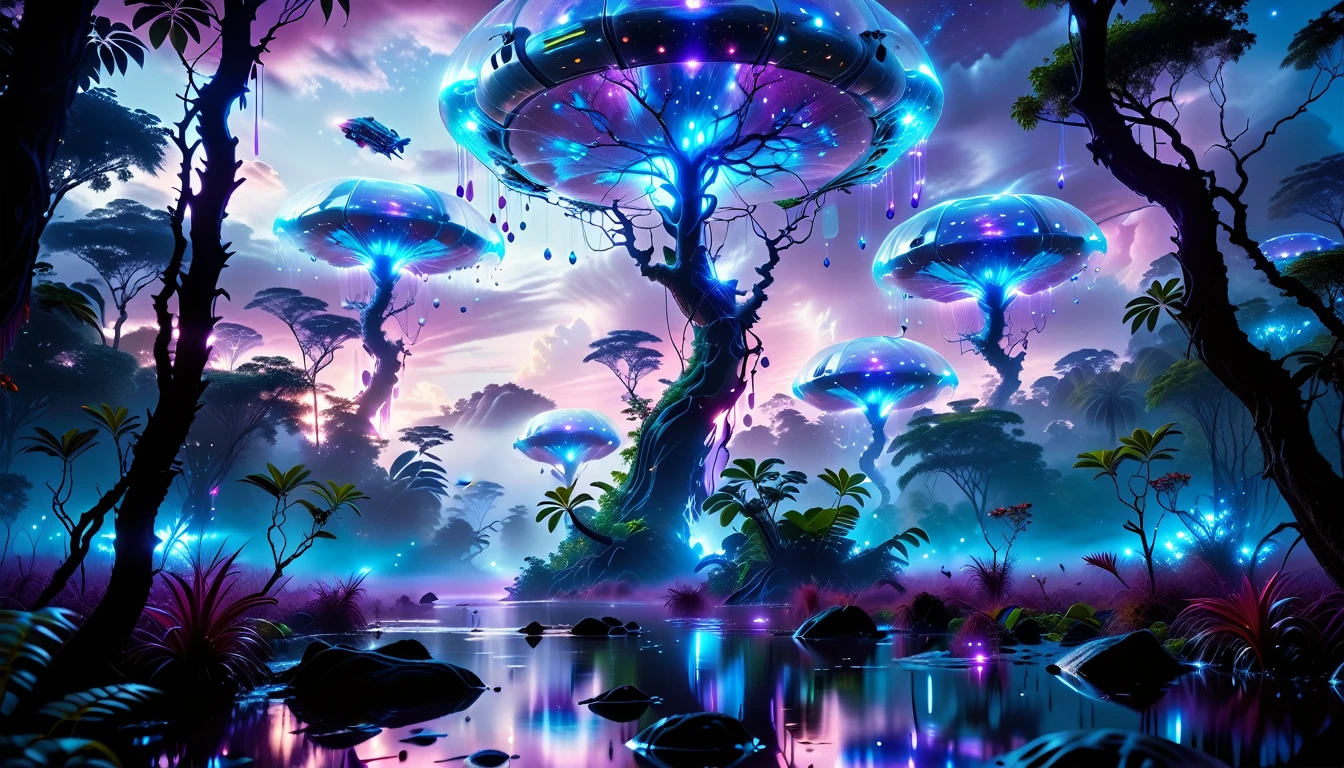 A Masterpiece In 32K Resolution, Supreme Quality, Super Detail, Official Art, Very High-Resolution 32K Wallpaper, Beautiful And Aesthetic, Ultra-Detailed Features, Awe-Inspiring Detail. Towering Bioluminescent Trees Stretch Into A Purple Sky, Their Branches Pulsing With Electric Blue Light. Strange Alien Creatures Crawl Through The Underbrush, Their Eyes Glowing With Intelligence. A Crashed Spaceship Lies Half-Buried In The Jungle, Its Lights Flickering. Giant Floating Beasts Drift Through The Air, Their Silhouettes Blending With The Exotic Landscape.