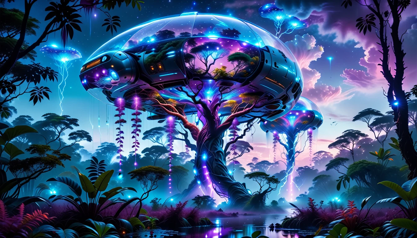 A Masterpiece In 32K Resolution, Supreme Quality, Super Detail, Official Art, Very High-Resolution 32K Wallpaper, Beautiful And Aesthetic, Ultra-Detailed Features, Awe-Inspiring Detail. Towering Bioluminescent Trees Stretch Into A Purple Sky, Their Branches Pulsing With Electric Blue Light. Strange Alien Creatures Crawl Through The Underbrush, Their Eyes Glowing With Intelligence. A Crashed Spaceship Lies Half-Buried In The Jungle, Its Lights Flickering. Giant Floating Beasts Drift Through The Air, Their Silhouettes Blending With The Exotic Landscape.