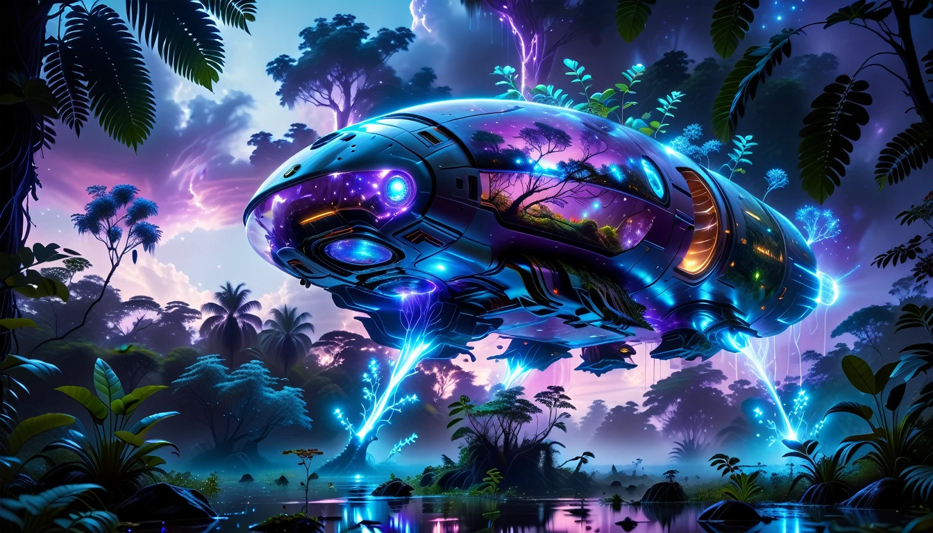 A Masterpiece In 32K Resolution, Supreme Quality, Super Detail, Official Art, Very High-Resolution 32K Wallpaper, Beautiful And Aesthetic, Ultra-Detailed Features, Awe-Inspiring Detail. Towering Bioluminescent Trees Stretch Into A Purple Sky, Their Branches Pulsing With Electric Blue Light. Strange Alien Creatures Crawl Through The Underbrush, Their Eyes Glowing With Intelligence. A Crashed Spaceship Lies Half-Buried In The Jungle, Its Lights Flickering. Giant Floating Beasts Drift Through The Air, Their Silhouettes Blending With The Exotic Landscape.