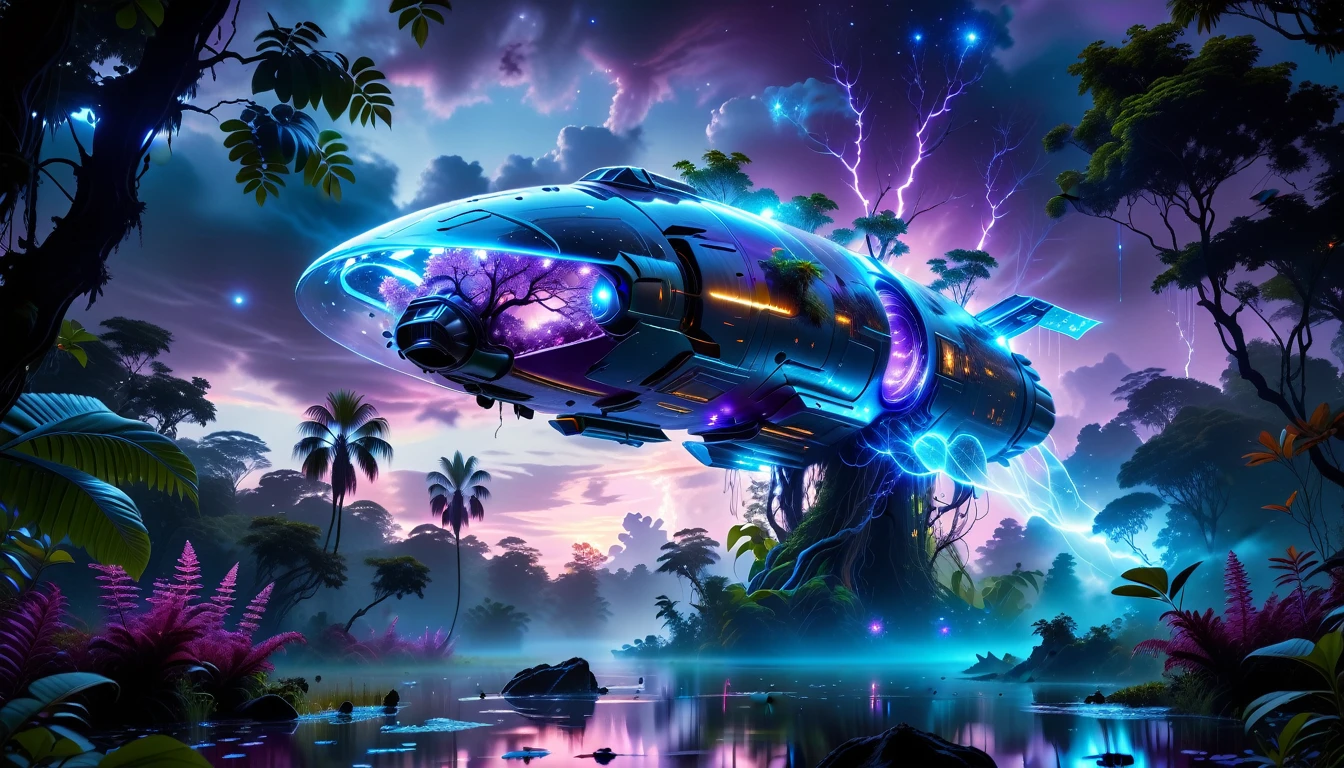 A Masterpiece In 32K Resolution, Supreme Quality, Super Detail, Official Art, Very High-Resolution 32K Wallpaper, Beautiful And Aesthetic, Ultra-Detailed Features, Awe-Inspiring Detail. Towering Bioluminescent Trees Stretch Into A Purple Sky, Their Branches Pulsing With Electric Blue Light. Strange Alien Creatures Crawl Through The Underbrush, Their Eyes Glowing With Intelligence. A Crashed Spaceship Lies Half-Buried In The Jungle, Its Lights Flickering. Giant Floating Beasts Drift Through The Air, Their Silhouettes Blending With The Exotic Landscape.