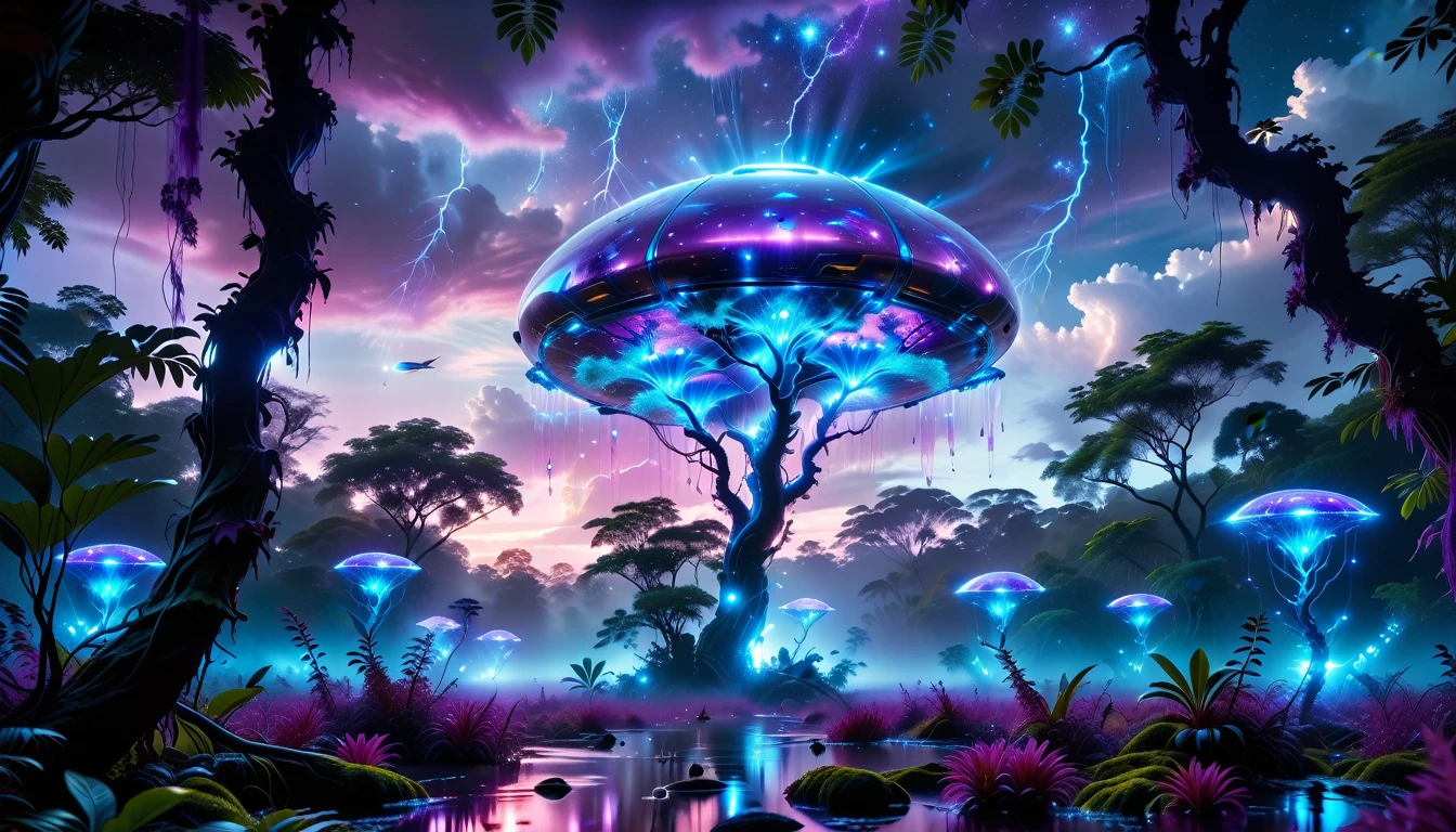 A Masterpiece In 32K Resolution, Supreme Quality, Super Detail, Official Art, Very High-Resolution 32K Wallpaper, Beautiful And Aesthetic, Ultra-Detailed Features, Awe-Inspiring Detail. Towering Bioluminescent Trees Stretch Into A Purple Sky, Their Branches Pulsing With Electric Blue Light. Strange Alien Creatures Crawl Through The Underbrush, Their Eyes Glowing With Intelligence. A Crashed Spaceship Lies Half-Buried In The Jungle, Its Lights Flickering. Giant Floating Beasts Drift Through The Air, Their Silhouettes Blending With The Exotic Landscape.