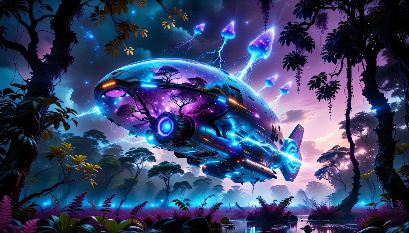 A Masterpiece In 32K Resolution, Supreme Quality, Super Detail, Official Art, Very High-Resolution 32K Wallpaper, Beautiful And Aesthetic, Ultra-Detailed Features, Awe-Inspiring Detail. Towering Bioluminescent Trees Stretch Into A Purple Sky, Their Branches Pulsing With Electric Blue Light. Strange Alien Creatures Crawl Through The Underbrush, Their Eyes Glowing With Intelligence. A Crashed Spaceship Lies Half-Buried In The Jungle, Its Lights Flickering. Giant Floating Beasts Drift Through The Air, Their Silhouettes Blending With The Exotic Landscape.