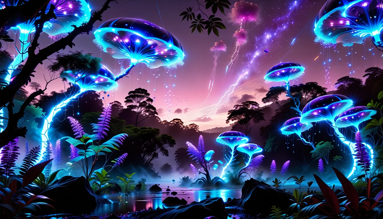 A Masterpiece In 32K Resolution, Supreme Quality, Super Detail, Official Art, Very High-Resolution 32K Wallpaper, Beautiful And Aesthetic, Ultra-Detailed Features, Awe-Inspiring Detail. Towering Bioluminescent Trees Stretch Into A Purple Sky, Their Branches Pulsing With Electric Blue Light. Strange Alien Creatures Crawl Through The Underbrush, Their Eyes Glowing With Intelligence. A Crashed Spaceship Lies Half-Buried In The Jungle, Its Lights Flickering. Giant Floating Beasts Drift Through The Air, Their Silhouettes Blending With The Exotic Landscape.