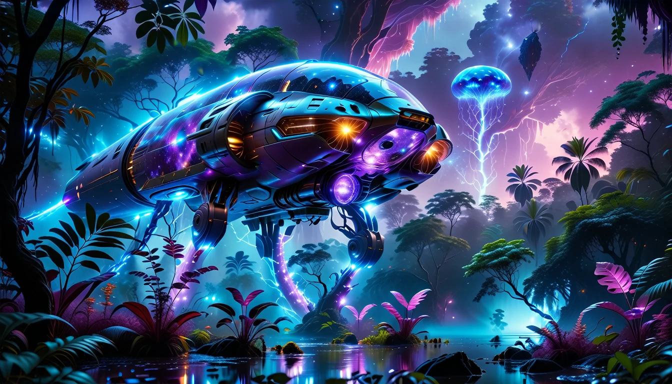 A Masterpiece In 32K Resolution, Supreme Quality, Super Detail, Official Art, Very High-Resolution 32K Wallpaper, Beautiful And Aesthetic, Ultra-Detailed Features, Awe-Inspiring Detail. Towering Bioluminescent Trees Stretch Into A Purple Sky, Their Branches Pulsing With Electric Blue Light. Strange Alien Creatures Crawl Through The Underbrush, Their Eyes Glowing With Intelligence. A Crashed Spaceship Lies Half-Buried In The Jungle, Its Lights Flickering. Giant Floating Beasts Drift Through The Air, Their Silhouettes Blending With The Exotic Landscape.