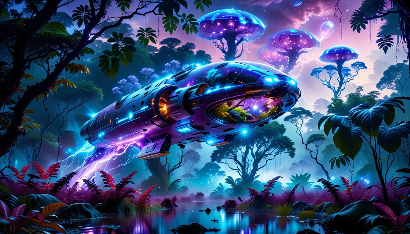 A Masterpiece In 32K Resolution, Supreme Quality, Super Detail, Official Art, Very High-Resolution 32K Wallpaper, Beautiful And Aesthetic, Ultra-Detailed Features, Awe-Inspiring Detail. Towering Bioluminescent Trees Stretch Into A Purple Sky, Their Branches Pulsing With Electric Blue Light. Strange Alien Creatures Crawl Through The Underbrush, Their Eyes Glowing With Intelligence. A Crashed Spaceship Lies Half-Buried In The Jungle, Its Lights Flickering. Giant Floating Beasts Drift Through The Air, Their Silhouettes Blending With The Exotic Landscape.