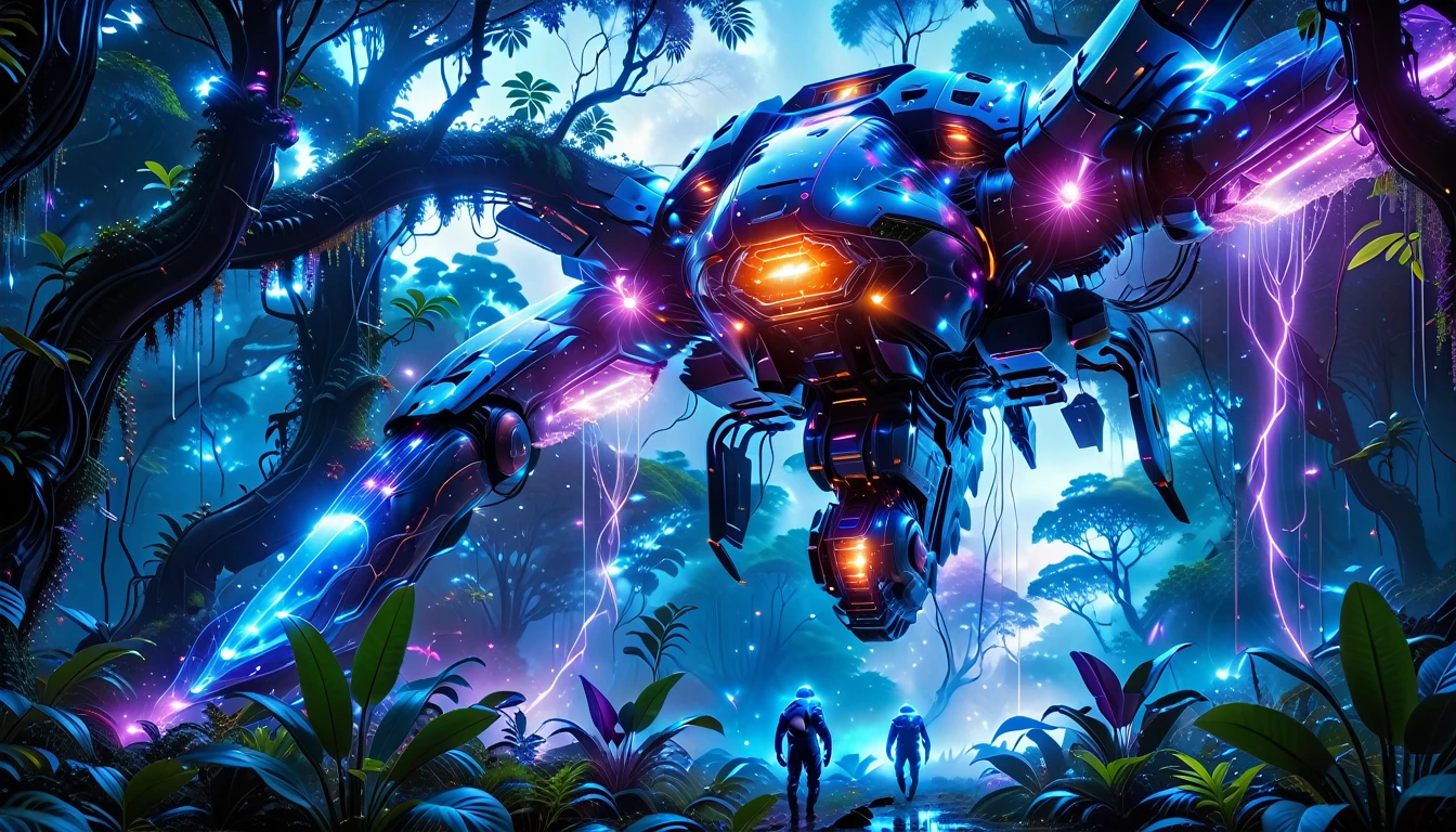 A Masterpiece In 32K Resolution, Supreme Quality, Super Detail, Official Art, Very High-Resolution 32K Wallpaper, Beautiful And Aesthetic, Ultra-Detailed Features, Awe-Inspiring Detail. Towering Bioluminescent Trees Stretch Into A Purple Sky, Their Branches Pulsing With Electric Blue Light. Strange Alien Creatures Crawl Through The Underbrush, Their Eyes Glowing With Intelligence. A Crashed Spaceship Lies Half-Buried In The Jungle, Its Lights Flickering. Giant Floating Beasts Drift Through The Air, Their Silhouettes Blending With The Exotic Landscape.