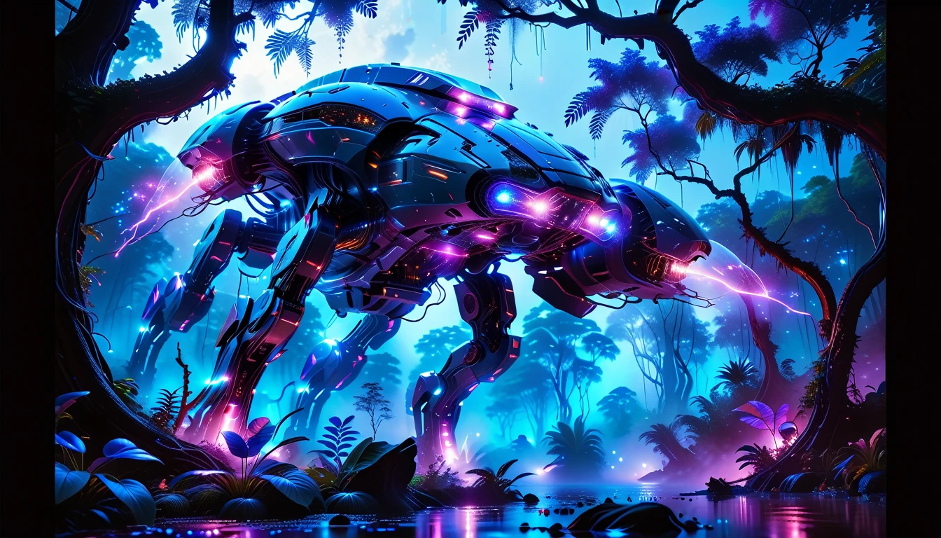 A Masterpiece In 32K Resolution, Supreme Quality, Super Detail, Official Art, Very High-Resolution 32K Wallpaper, Beautiful And Aesthetic, Ultra-Detailed Features, Awe-Inspiring Detail. Towering Bioluminescent Trees Stretch Into A Purple Sky, Their Branches Pulsing With Electric Blue Light. Strange Alien Creatures Crawl Through The Underbrush, Their Eyes Glowing With Intelligence. A Crashed Spaceship Lies Half-Buried In The Jungle, Its Lights Flickering. Giant Floating Beasts Drift Through The Air, Their Silhouettes Blending With The Exotic Landscape.