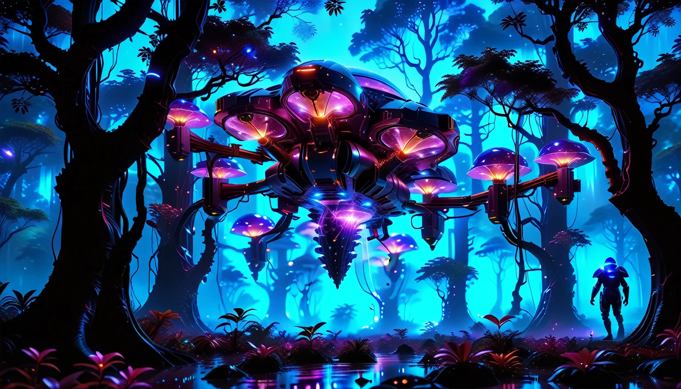 A Masterpiece In 32K Resolution, Supreme Quality, Super Detail, Official Art, Very High-Resolution 32K Wallpaper, Beautiful And Aesthetic, Ultra-Detailed Features, Awe-Inspiring Detail. Towering Bioluminescent Trees Stretch Into A Purple Sky, Their Branches Pulsing With Electric Blue Light. Strange Alien Creatures Crawl Through The Underbrush, Their Eyes Glowing With Intelligence. A Crashed Spaceship Lies Half-Buried In The Jungle, Its Lights Flickering. Giant Floating Beasts Drift Through The Air, Their Silhouettes Blending With The Exotic Landscape.