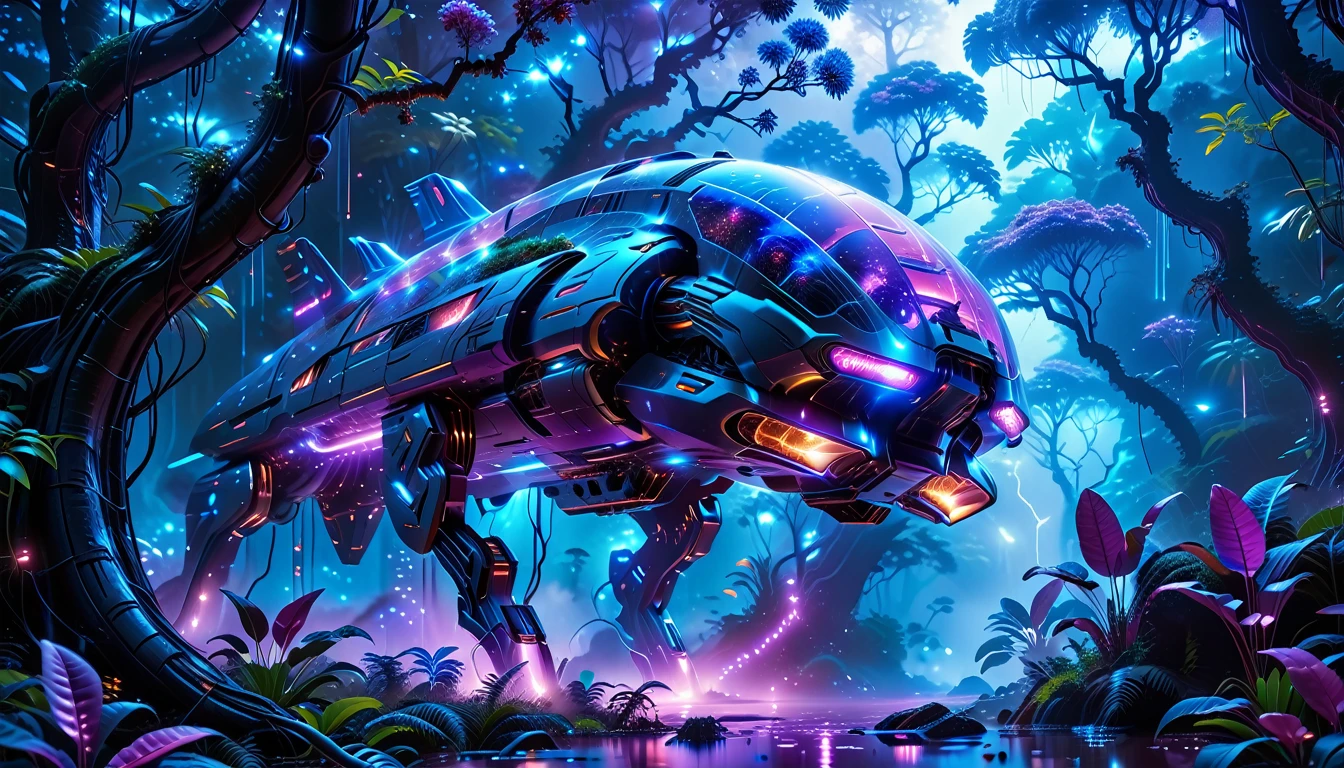 A Masterpiece In 32K Resolution, Supreme Quality, Super Detail, Official Art, Very High-Resolution 32K Wallpaper, Beautiful And Aesthetic, Ultra-Detailed Features, Awe-Inspiring Detail. Towering Bioluminescent Trees Stretch Into A Purple Sky, Their Branches Pulsing With Electric Blue Light. Strange Alien Creatures Crawl Through The Underbrush, Their Eyes Glowing With Intelligence. A Crashed Spaceship Lies Half-Buried In The Jungle, Its Lights Flickering. Giant Floating Beasts Drift Through The Air, Their Silhouettes Blending With The Exotic Landscape.