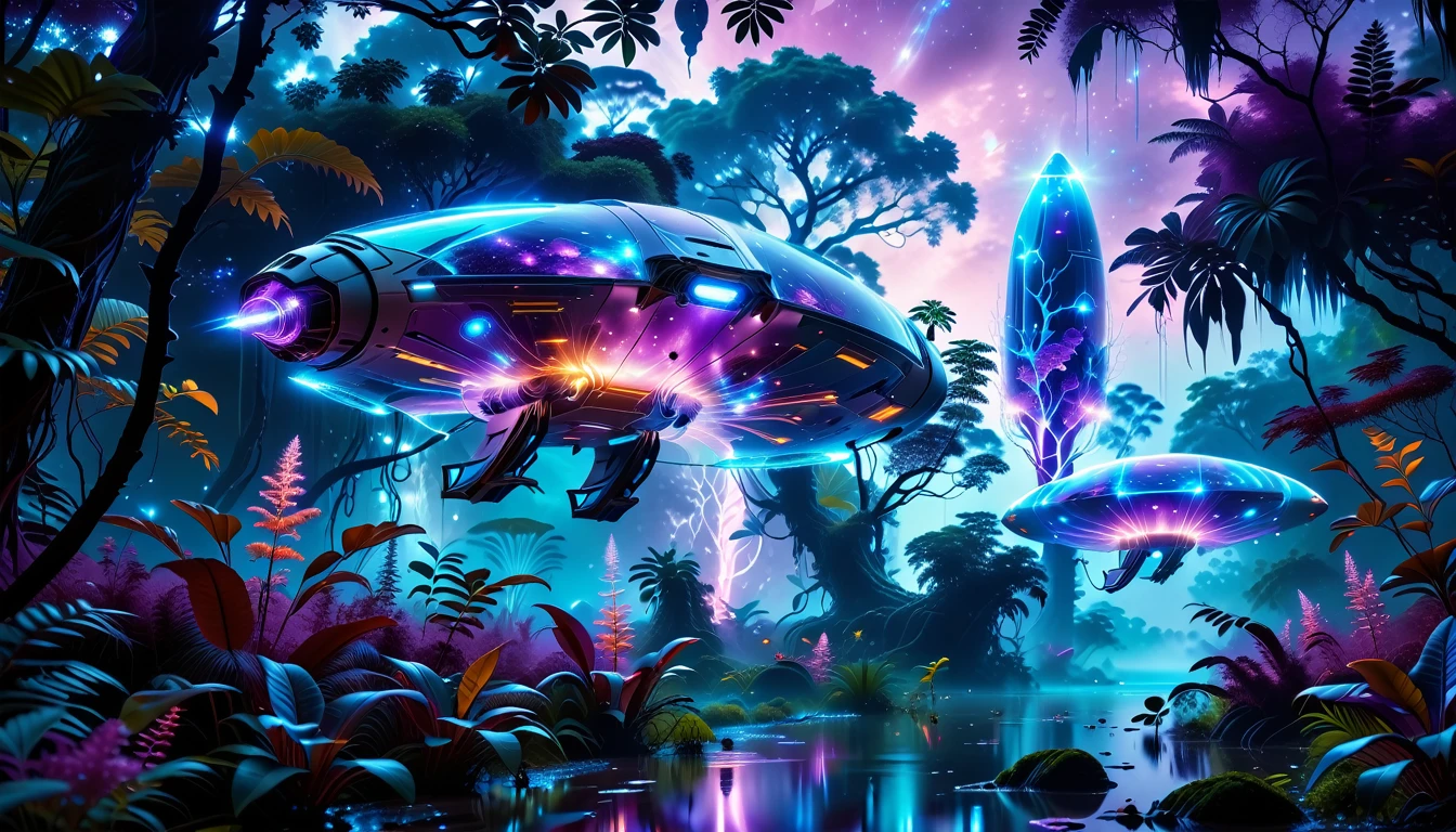 A Masterpiece In 32K Resolution, Supreme Quality, Super Detail, Official Art, Very High-Resolution 32K Wallpaper, Beautiful And Aesthetic, Ultra-Detailed Features, Awe-Inspiring Detail. Towering Bioluminescent Trees Stretch Into A Purple Sky, Their Branches Pulsing With Electric Blue Light. Strange Alien Creatures Crawl Through The Underbrush, Their Eyes Glowing With Intelligence. A Crashed Spaceship Lies Half-Buried In The Jungle, Its Lights Flickering. Giant Floating Beasts Drift Through The Air, Their Silhouettes Blending With The Exotic Landscape.