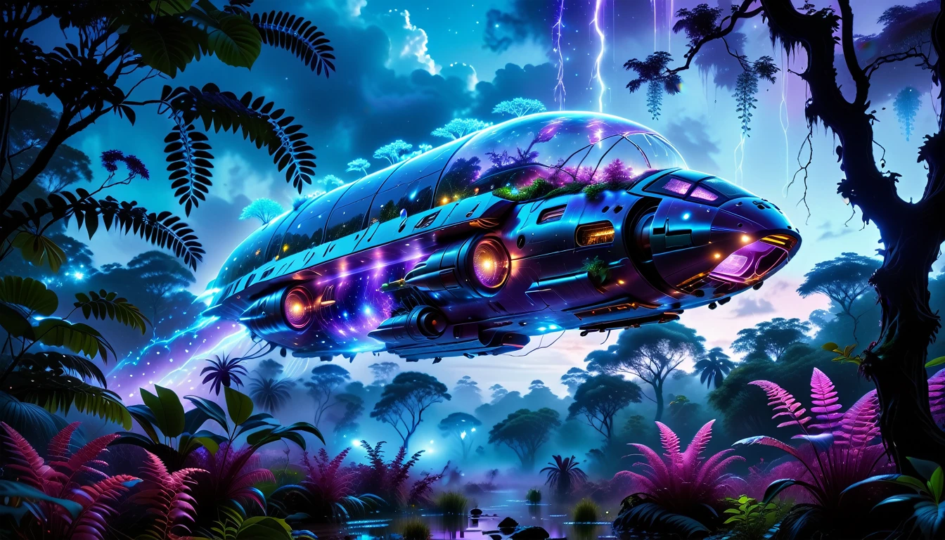 A Masterpiece In 32K Resolution, Supreme Quality, Super Detail, Official Art, Very High-Resolution 32K Wallpaper, Beautiful And Aesthetic, Ultra-Detailed Features, Awe-Inspiring Detail. Towering Bioluminescent Trees Stretch Into A Purple Sky, Their Branches Pulsing With Electric Blue Light. Strange Alien Creatures Crawl Through The Underbrush, Their Eyes Glowing With Intelligence. A Crashed Spaceship Lies Half-Buried In The Jungle, Its Lights Flickering. Giant Floating Beasts Drift Through The Air, Their Silhouettes Blending With The Exotic Landscape.