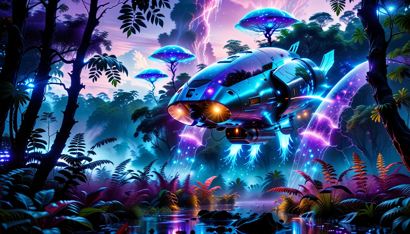 A Masterpiece In 32K Resolution, Supreme Quality, Super Detail, Official Art, Very High-Resolution 32K Wallpaper, Beautiful And Aesthetic, Ultra-Detailed Features, Awe-Inspiring Detail. Towering Bioluminescent Trees Stretch Into A Purple Sky, Their Branches Pulsing With Electric Blue Light. Strange Alien Creatures Crawl Through The Underbrush, Their Eyes Glowing With Intelligence. A Crashed Spaceship Lies Half-Buried In The Jungle, Its Lights Flickering. Giant Floating Beasts Drift Through The Air, Their Silhouettes Blending With The Exotic Landscape.