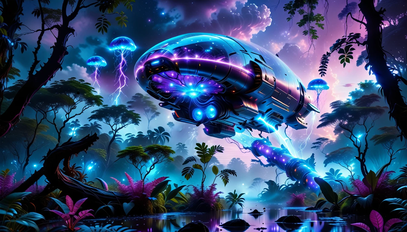 A Masterpiece In 32K Resolution, Supreme Quality, Super Detail, Official Art, Very High-Resolution 32K Wallpaper, Beautiful And Aesthetic, Ultra-Detailed Features, Awe-Inspiring Detail. Towering Bioluminescent Trees Stretch Into A Purple Sky, Their Branches Pulsing With Electric Blue Light. Strange Alien Creatures Crawl Through The Underbrush, Their Eyes Glowing With Intelligence. A Crashed Spaceship Lies Half-Buried In The Jungle, Its Lights Flickering. Giant Floating Beasts Drift Through The Air, Their Silhouettes Blending With The Exotic Landscape.