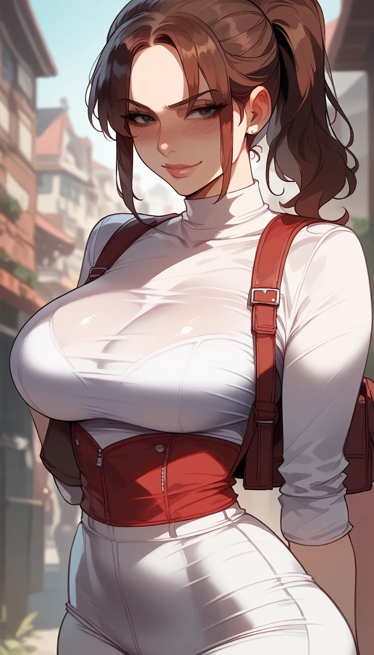 brown hair、 long straight hair、bright black eyes、Resident Evil、Claire Redfield、 mature woman 、shiny hair、(big breasts),tight waist、thin waist、shiny skin、Beleza、erotic、smile、blushed,